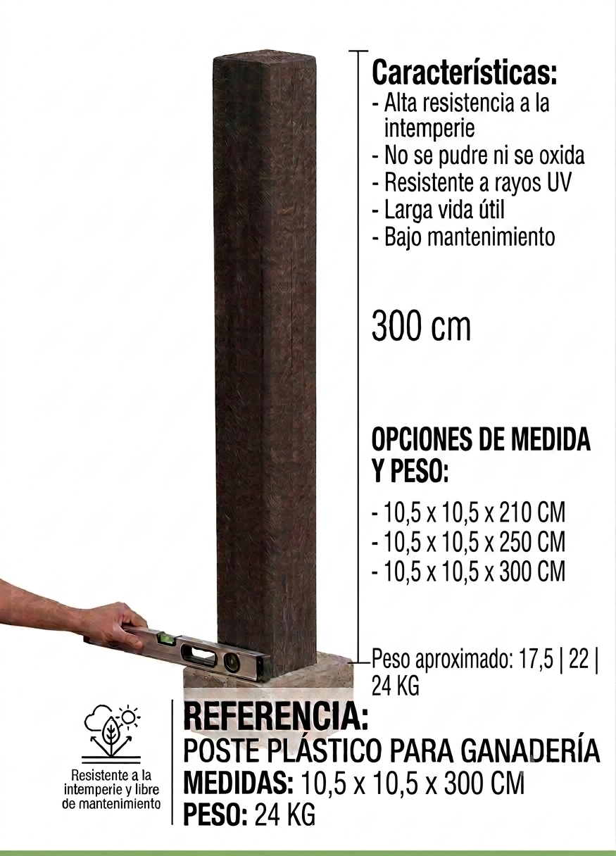 Poste plástico para ganadería 10,5 x 10,5 x 210 | 10,5 x 10,5 x 250 | 10,5 x 10,5 x 300