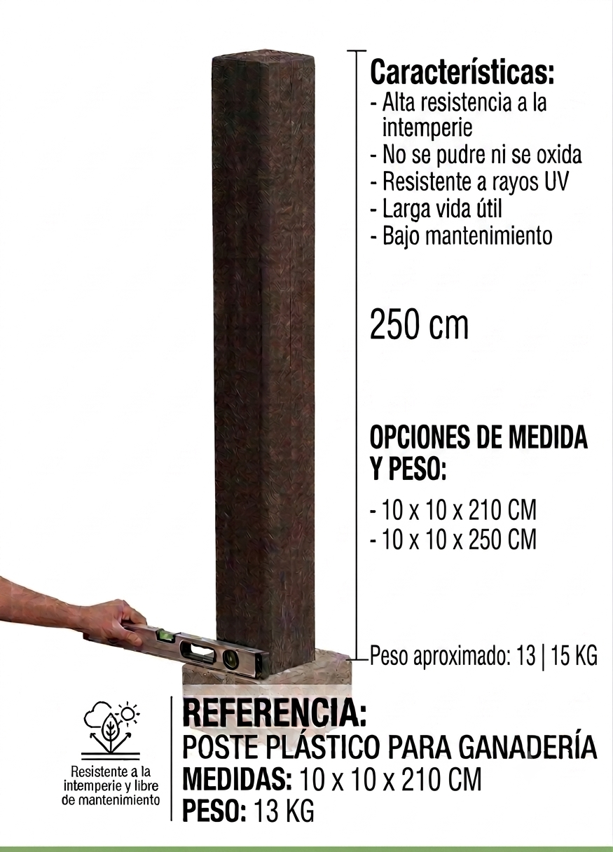Poste plástico para ganadería 10 x 10 x 210 | 10 x 10 x 250