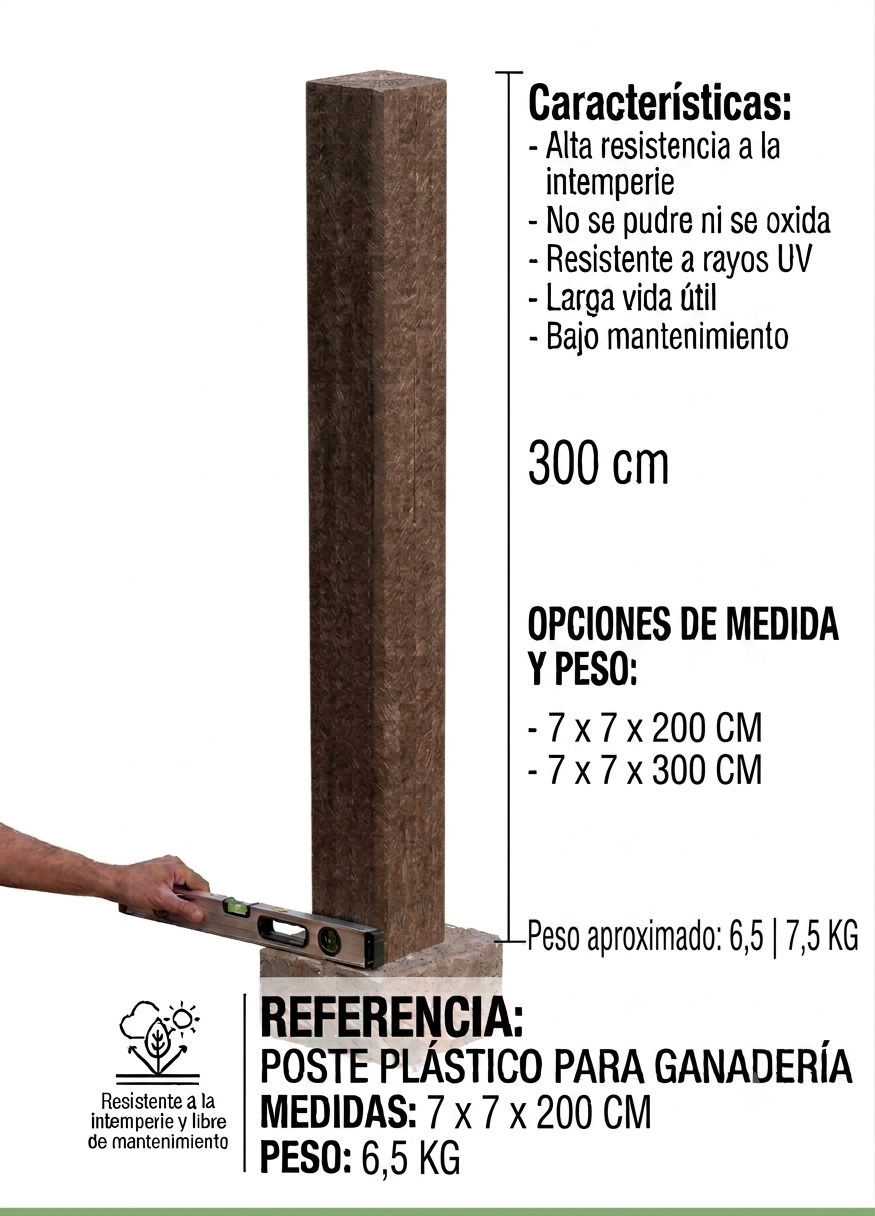 Poste plástico para ganadería 7 x 7 x 200 | 7 x 7 x 300
